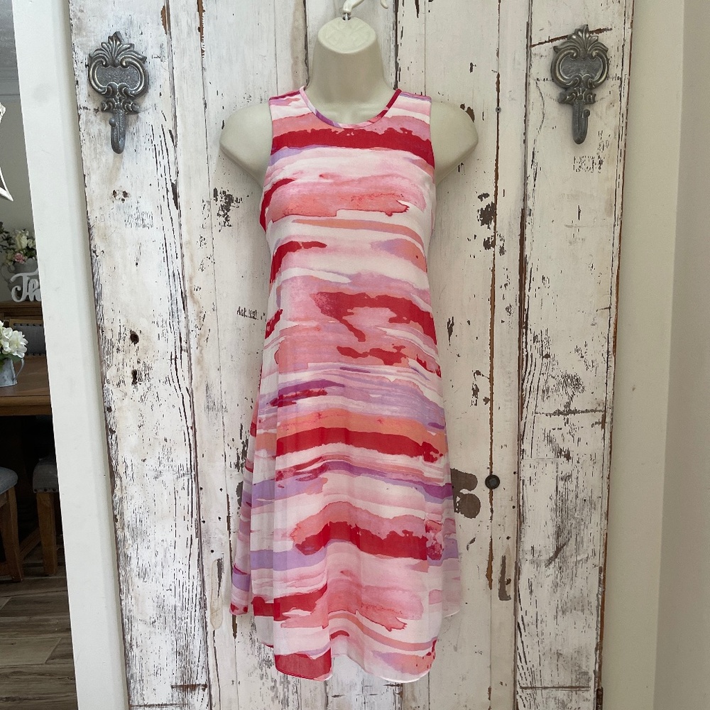 Calvin Klein Size 2 Woman's Red Pink Purple White Sleeveless Shift A-line Dress